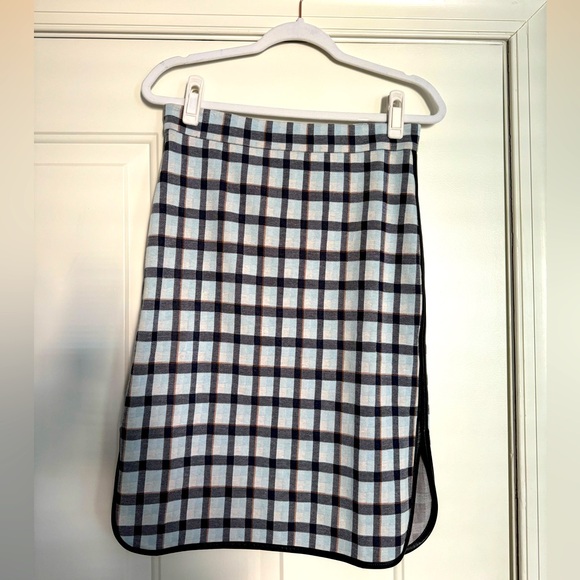 Blue plaid Pencil skirt with leather detail. Brand new, never worn! - Picture 1 of 4